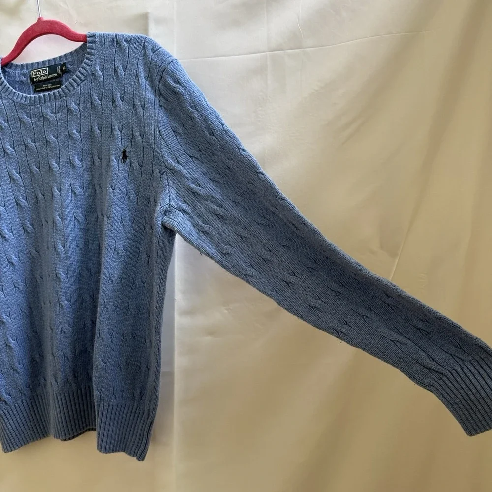 VTG 90s Mens L Blue Polo Ralph Lauren 100% Silk Cable Knit Sweater Blue Pony